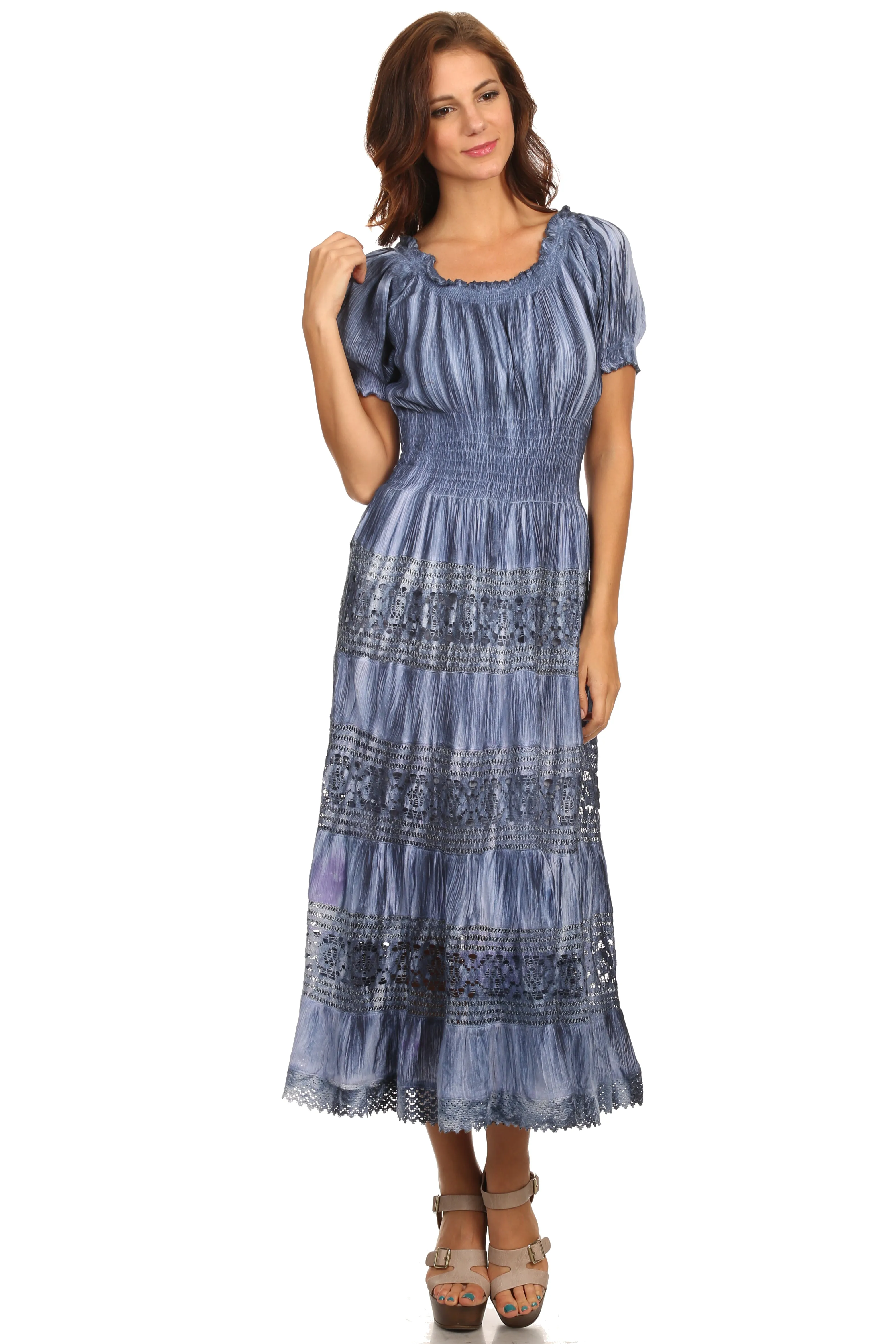 Sakkas Laney Tie Dye Lace Smocked Empire Waist Long Picot Hem Dress