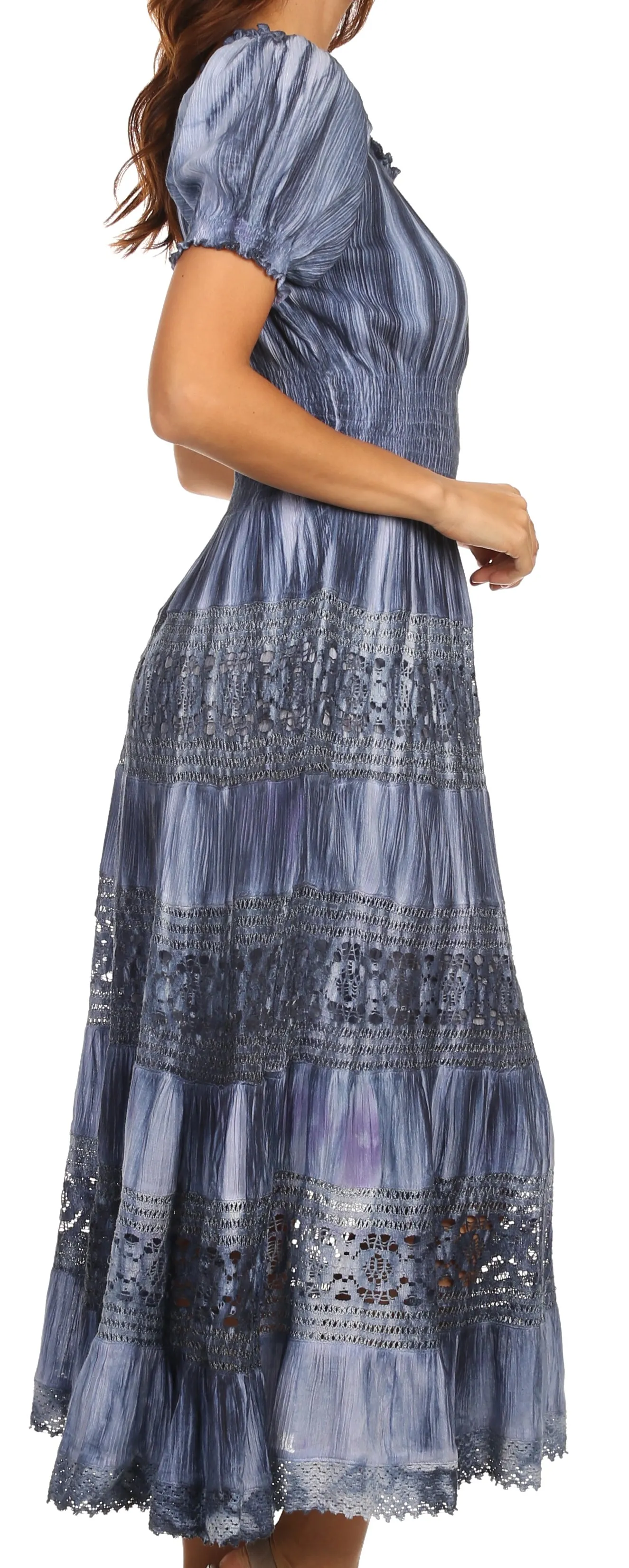 Sakkas Laney Tie Dye Lace Smocked Empire Waist Long Picot Hem Dress