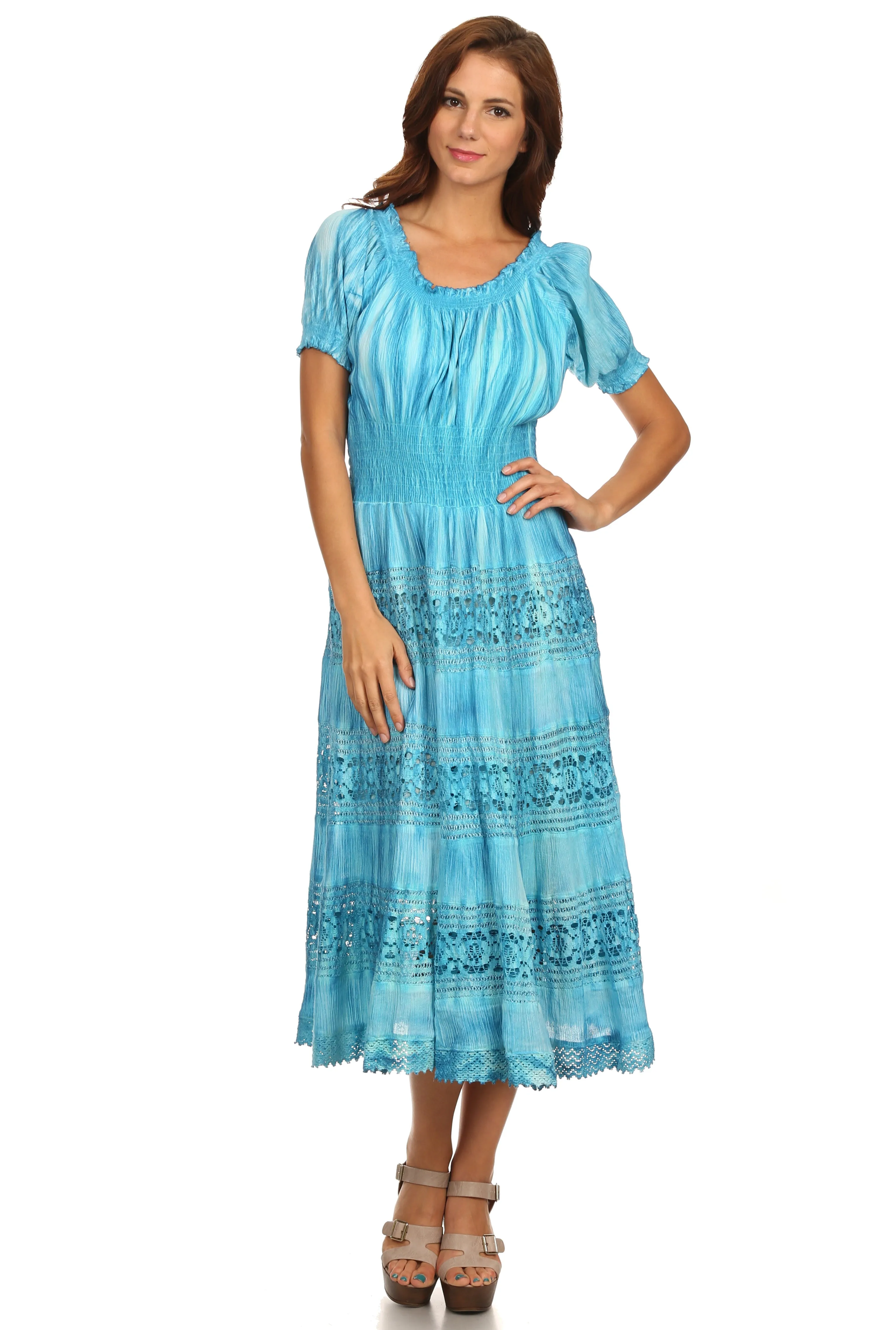 Sakkas Laney Tie Dye Lace Smocked Empire Waist Long Picot Hem Dress