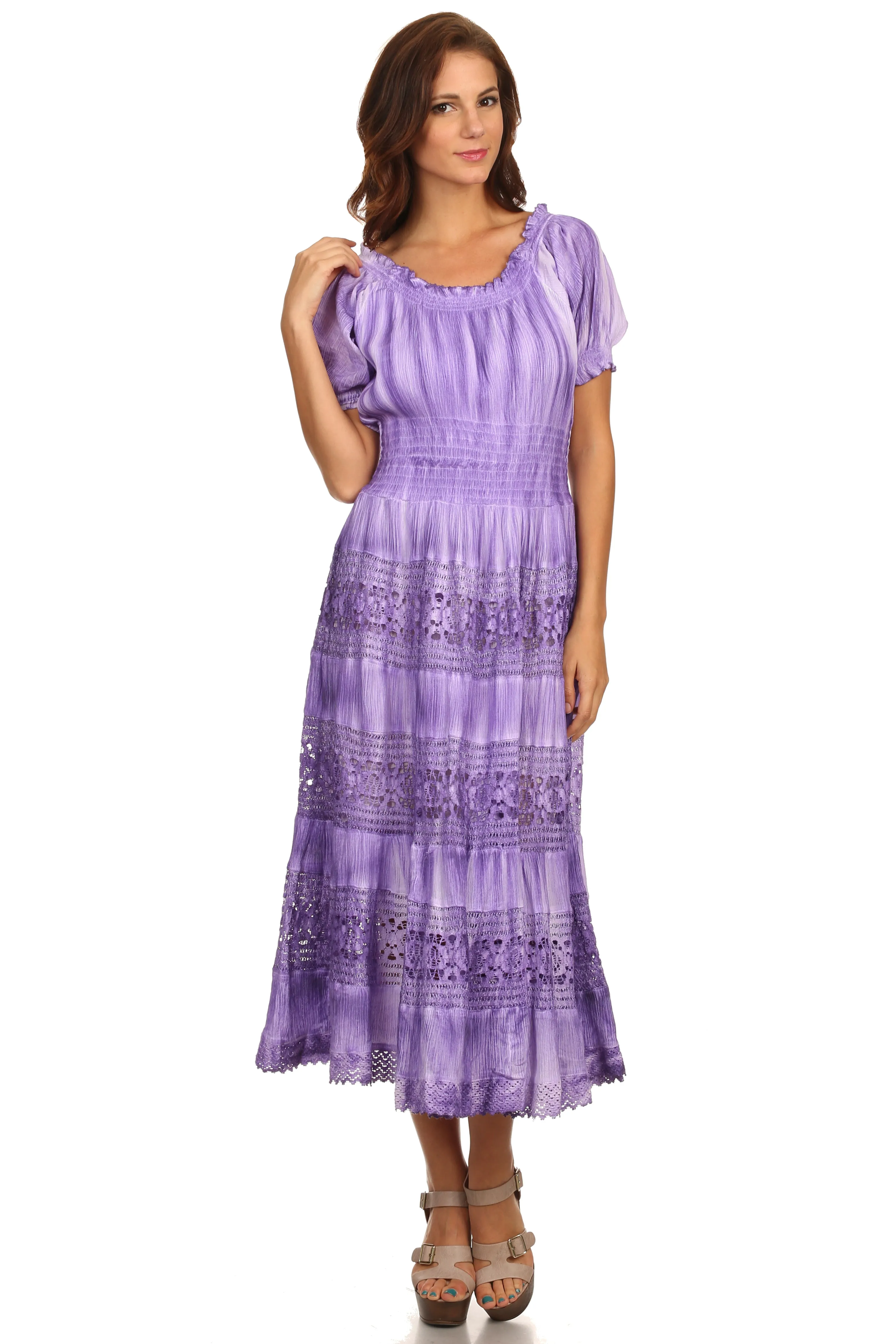 Sakkas Laney Tie Dye Lace Smocked Empire Waist Long Picot Hem Dress