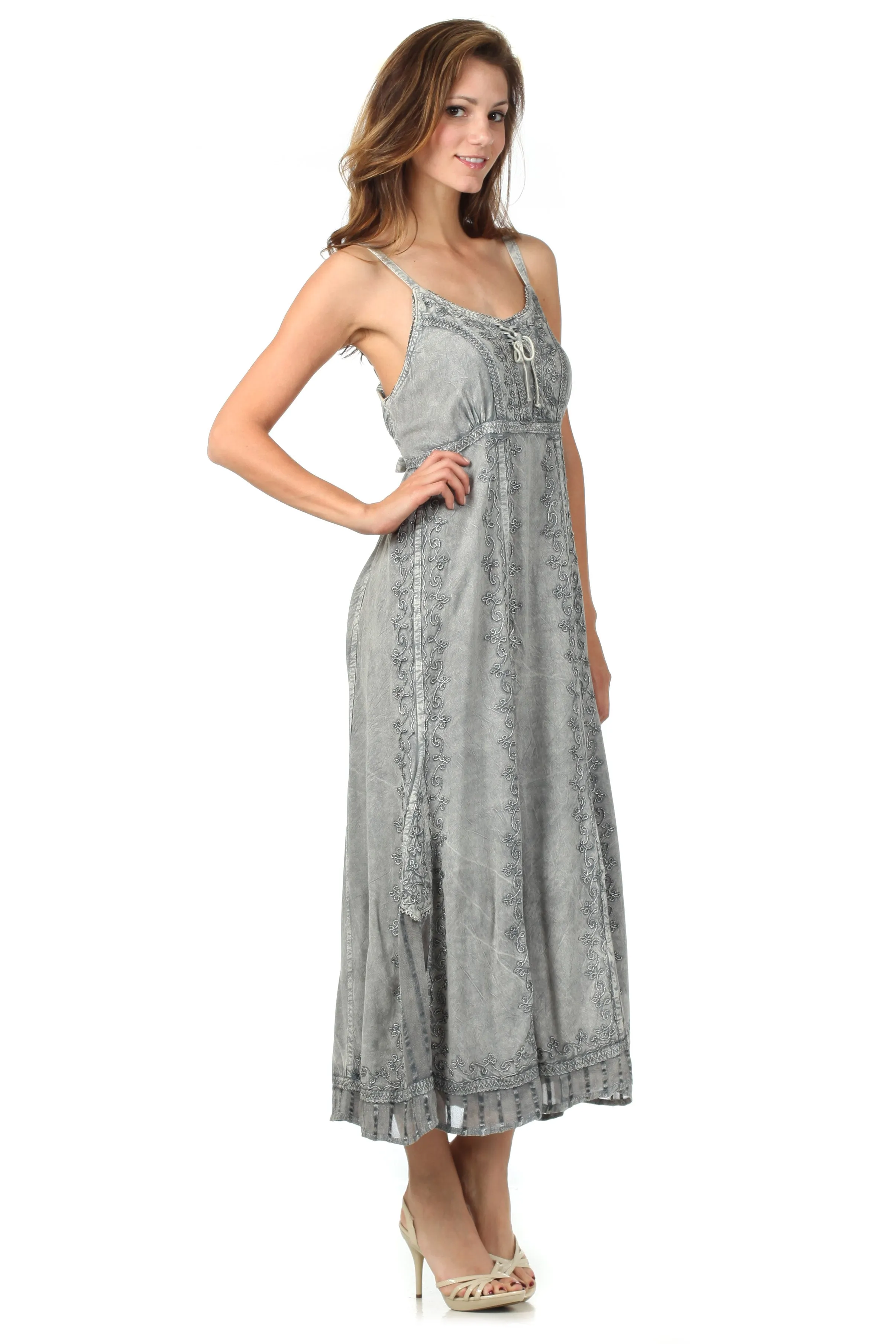 Sakkas Stonewashed Empire Waist Floral Vine Trumpet Crepe Inlay Ruffle Hem Dress