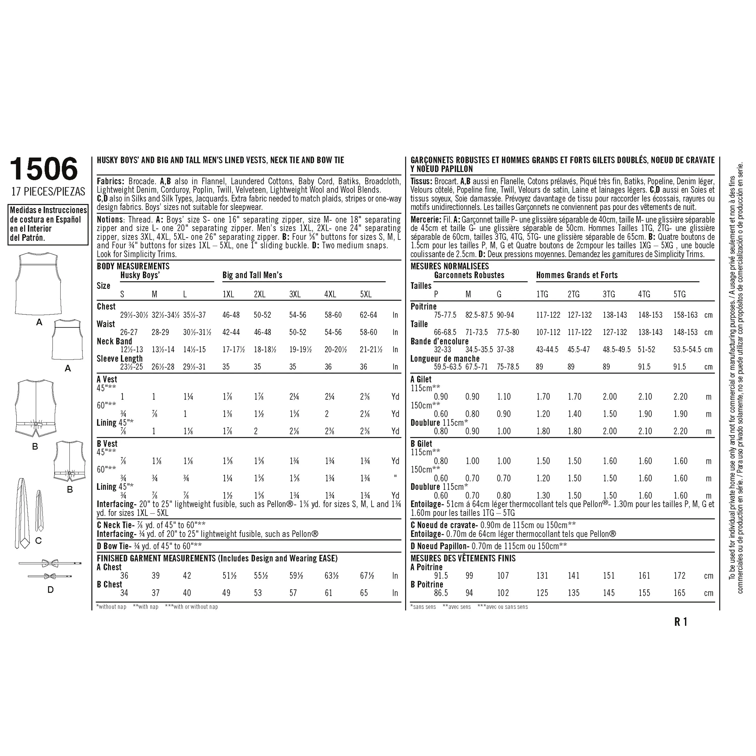 Simplicity Pattern 1506 Husky Boys' and Big and Tall Men's Vests