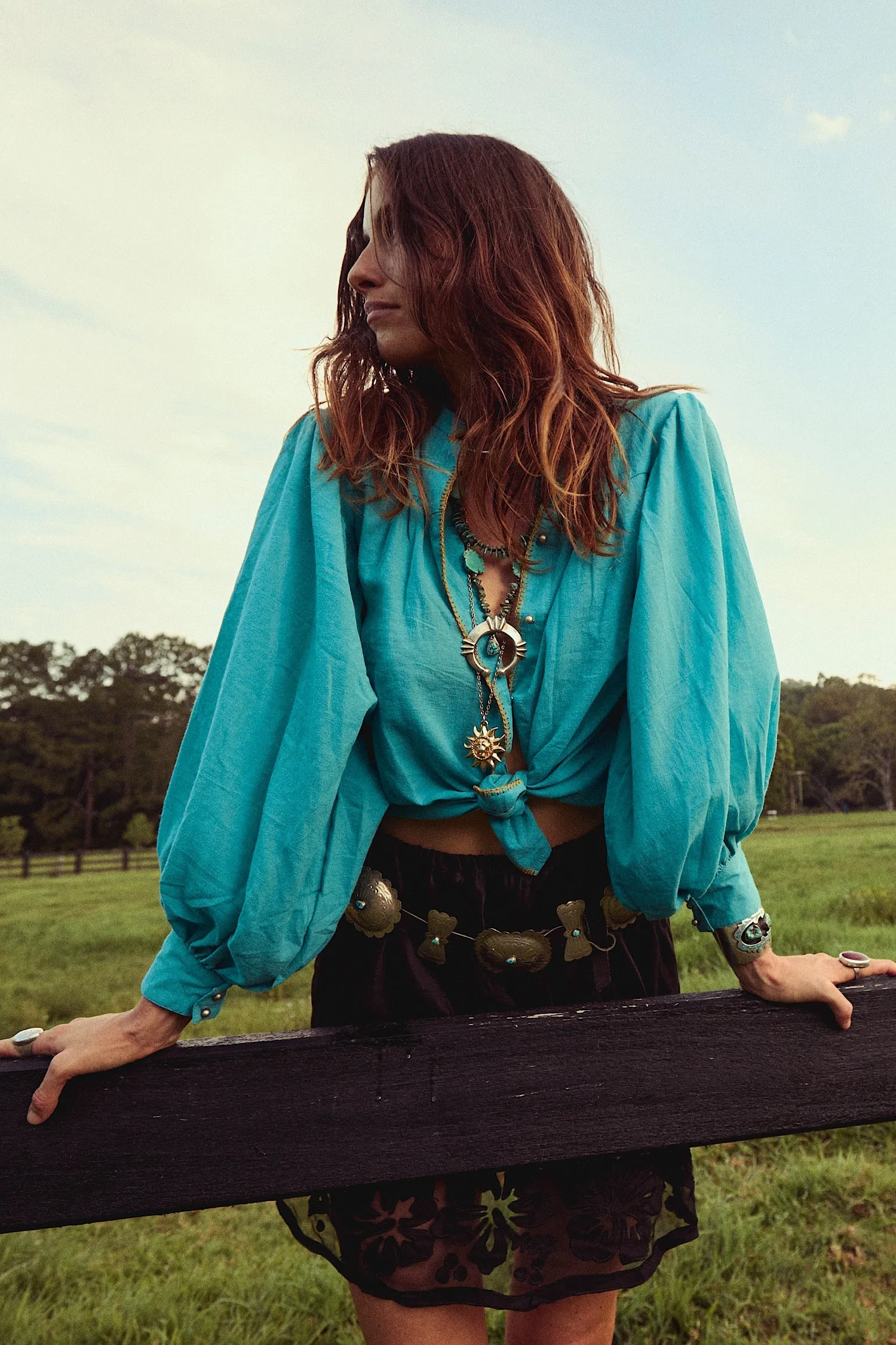 Sinking Like the Sunset Cotton Blouse - Turquoise