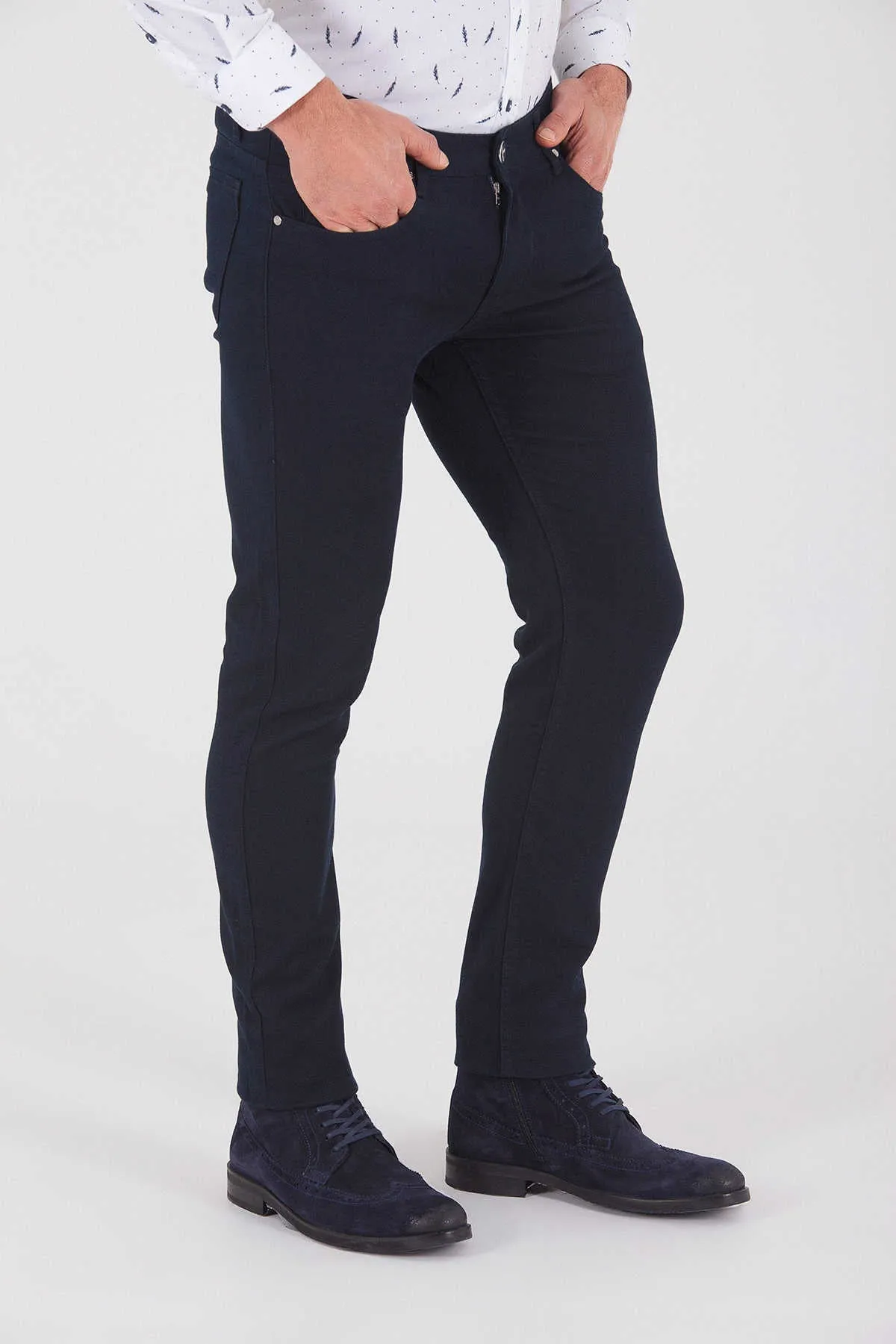 Slim Fit Navy Cotton Low Waist Casual Pants