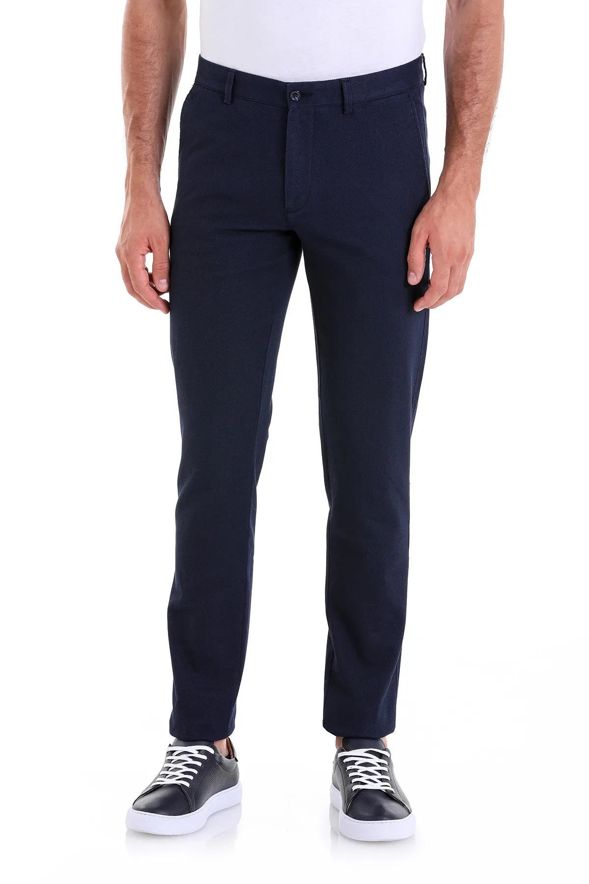 Slim Fit Navy Side Pocket High Waist Cotton Casual Pants