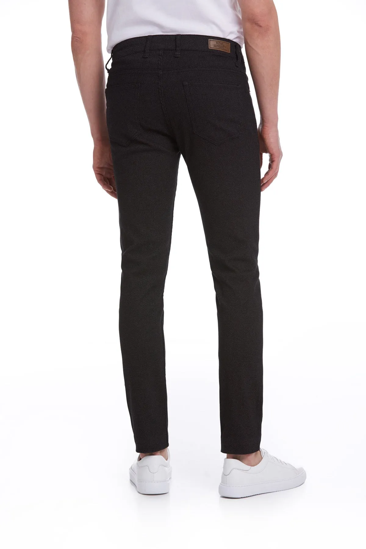 Slim Fit Woven Textured Low Waist Black Cotton Casual Pants