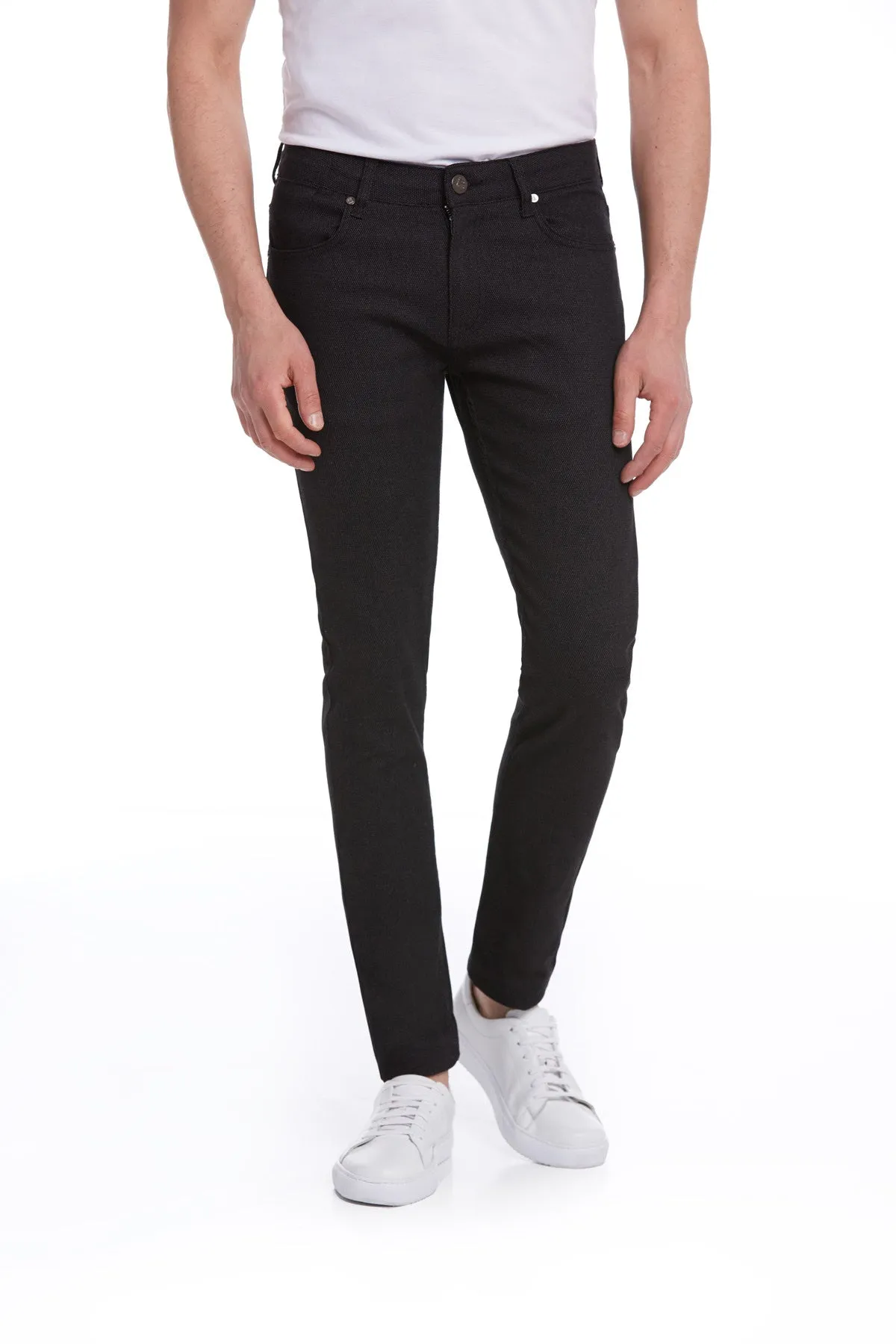 Slim Fit Woven Textured Low Waist Black Cotton Casual Pants