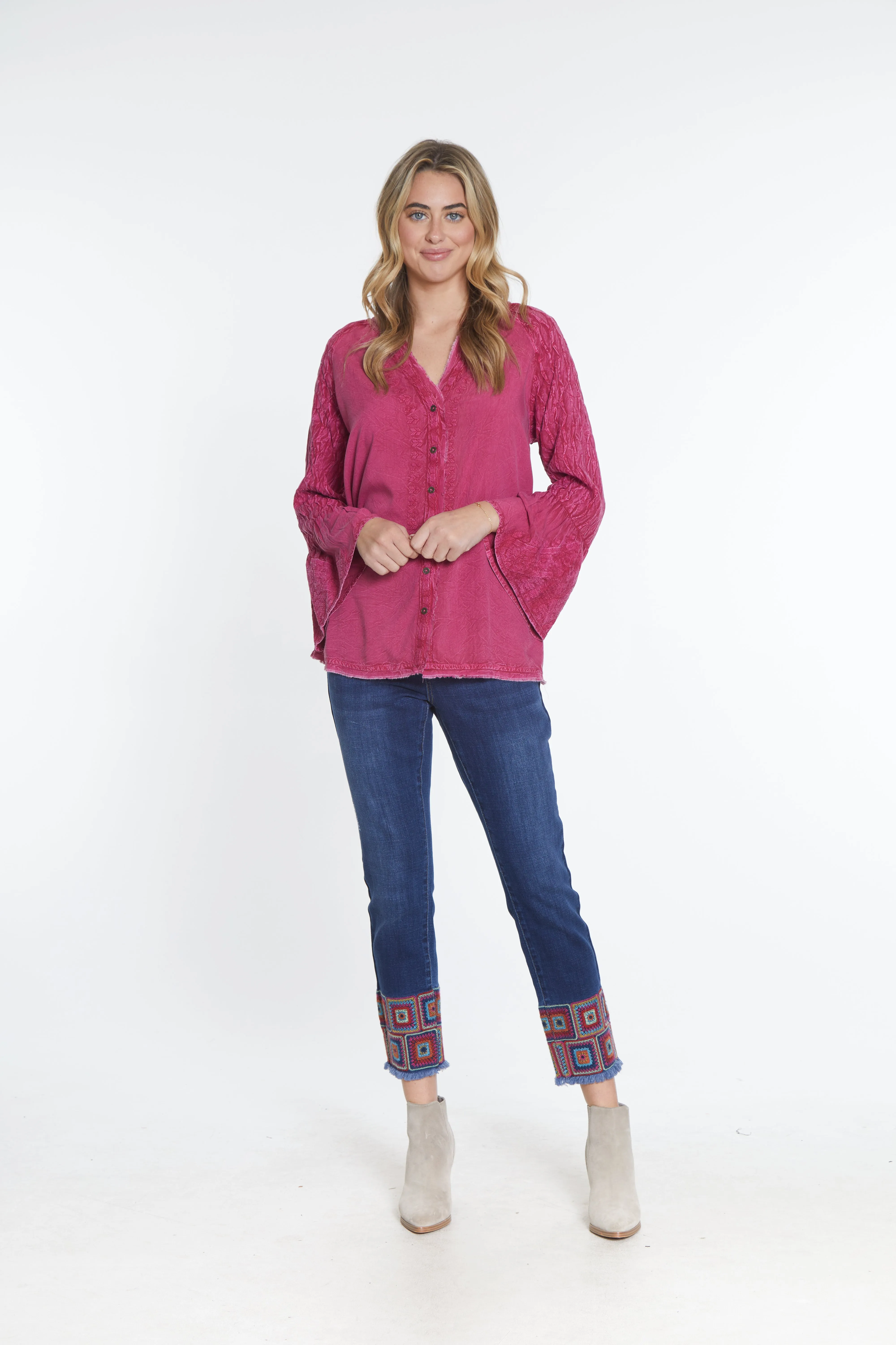 Smocked Sleeve Embroidered Top - Fuchsia