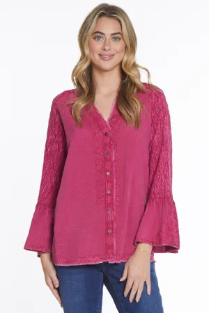 Smocked Sleeve Embroidered Top - Fuchsia