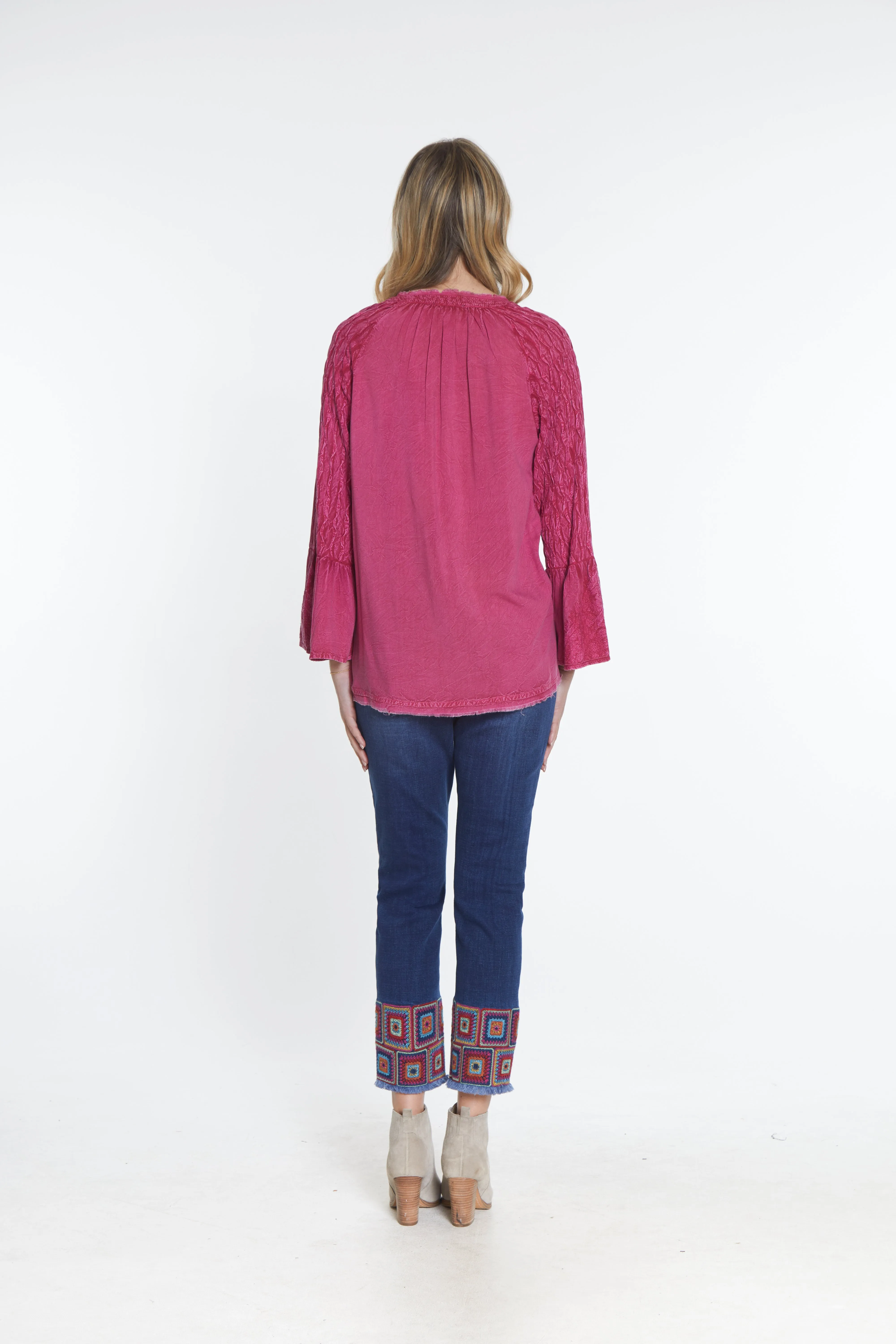 Smocked Sleeve Embroidered Top - Fuchsia