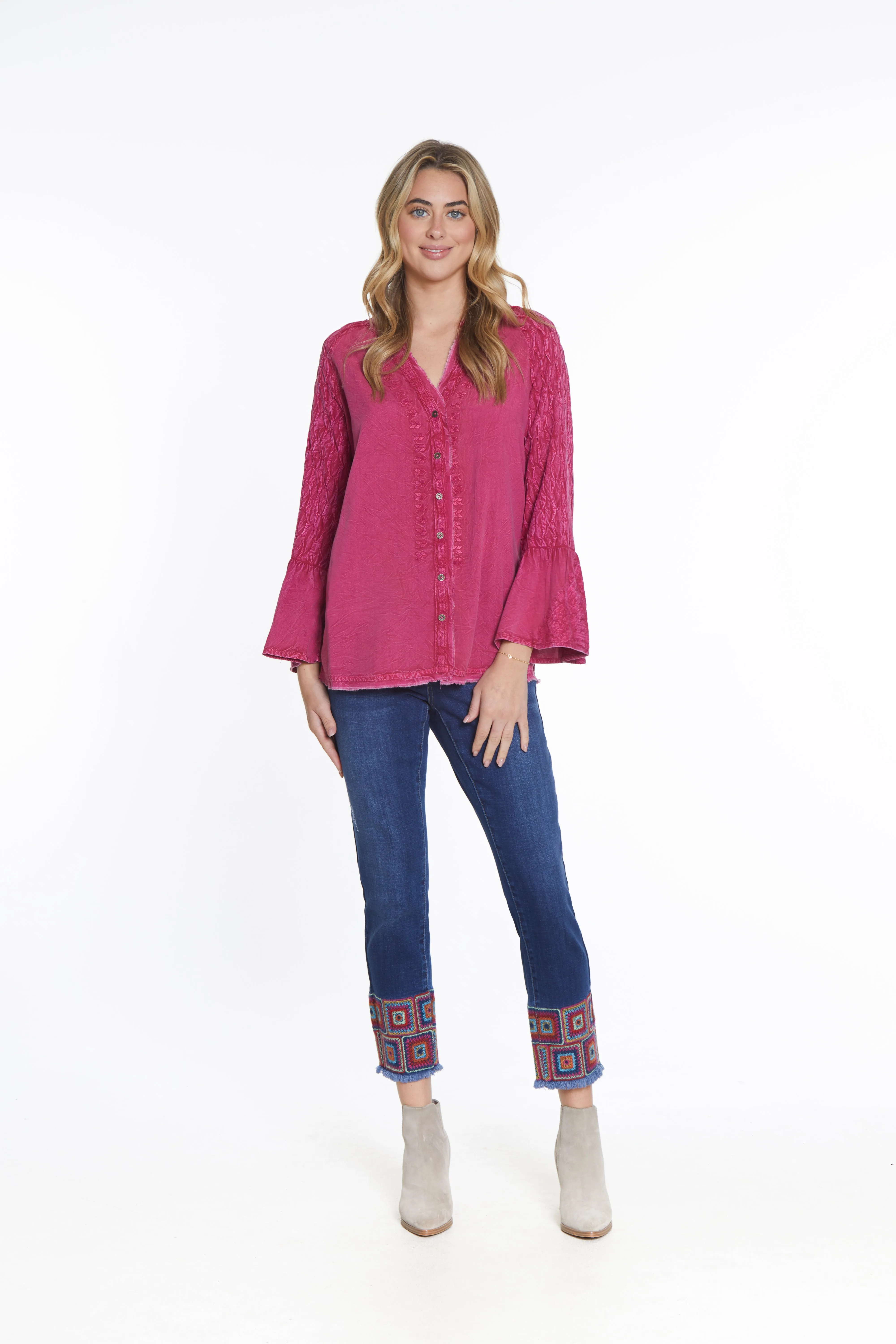 Smocked Sleeve Embroidered Top - Fuchsia