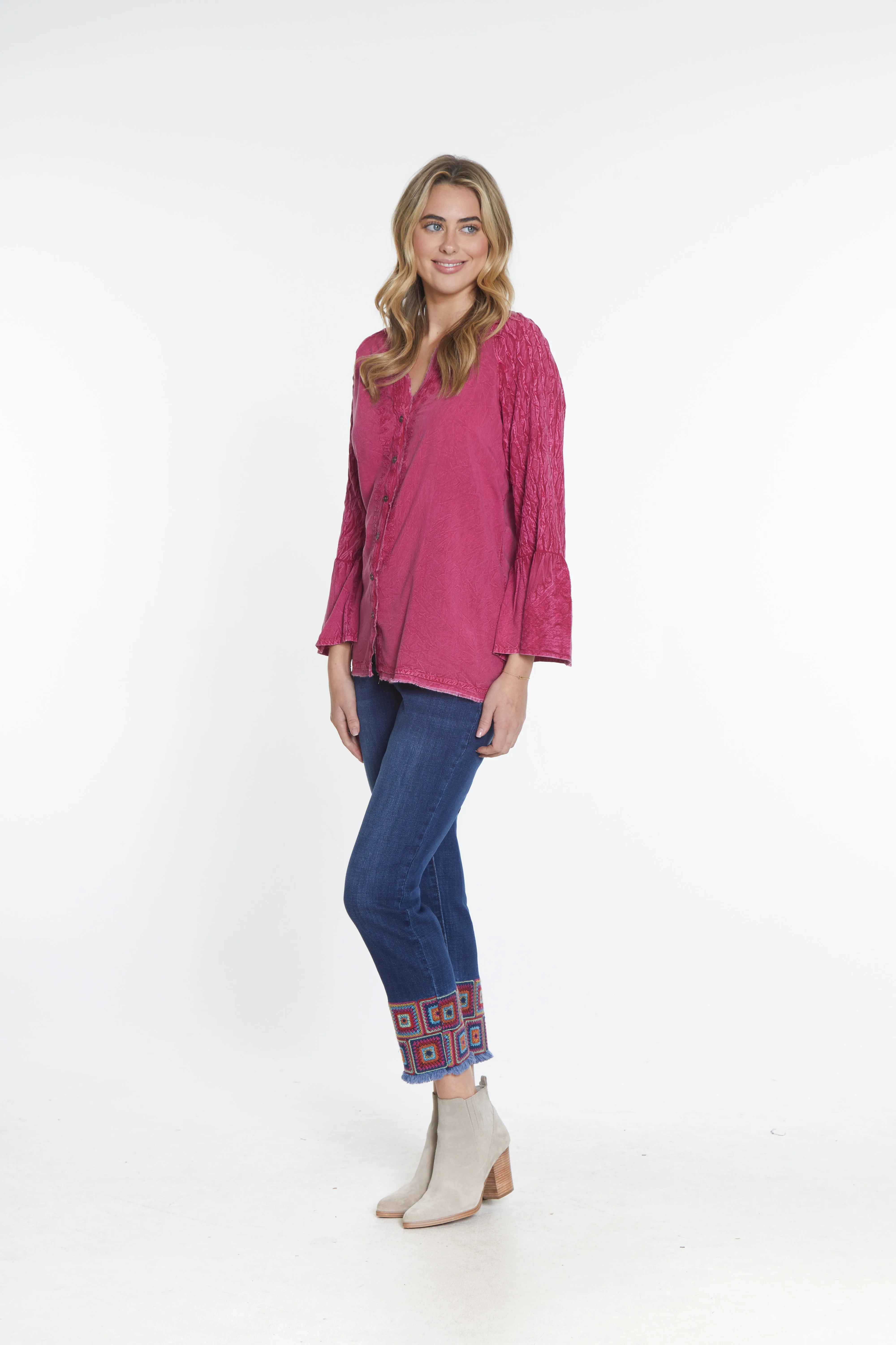 Smocked Sleeve Embroidered Top - Fuchsia