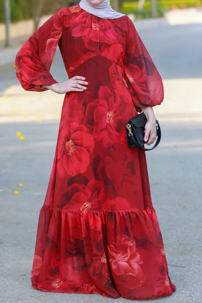 Tasneem empire waist chiffon bold flower print dress in red fully line with elasticated cuff sleeves