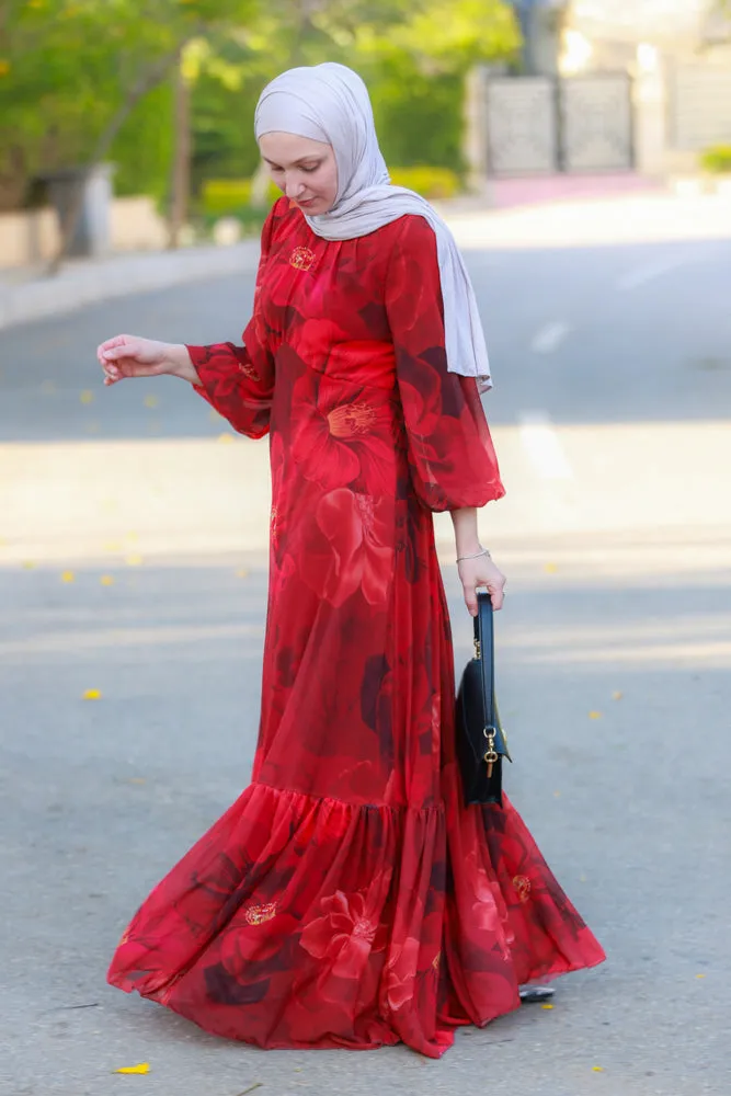 Tasneem empire waist chiffon bold flower print dress in red fully line with elasticated cuff sleeves