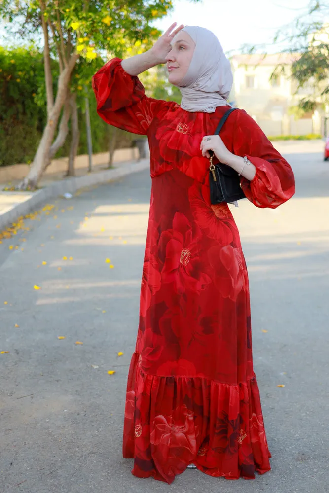 Tasneem empire waist chiffon bold flower print dress in red fully line with elasticated cuff sleeves