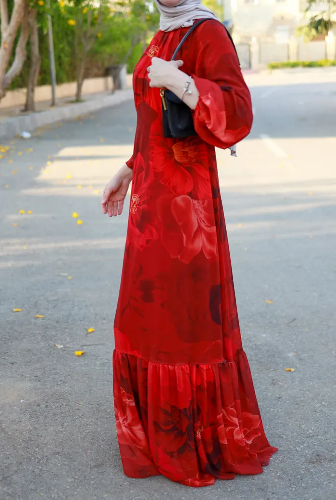 Tasneem empire waist chiffon bold flower print dress in red fully line with elasticated cuff sleeves