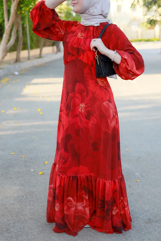 Tasneem empire waist chiffon bold flower print dress in red fully line with elasticated cuff sleeves