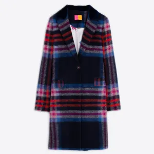 Vilagallo Coat Midi -Navy w/Pink and Orange Check