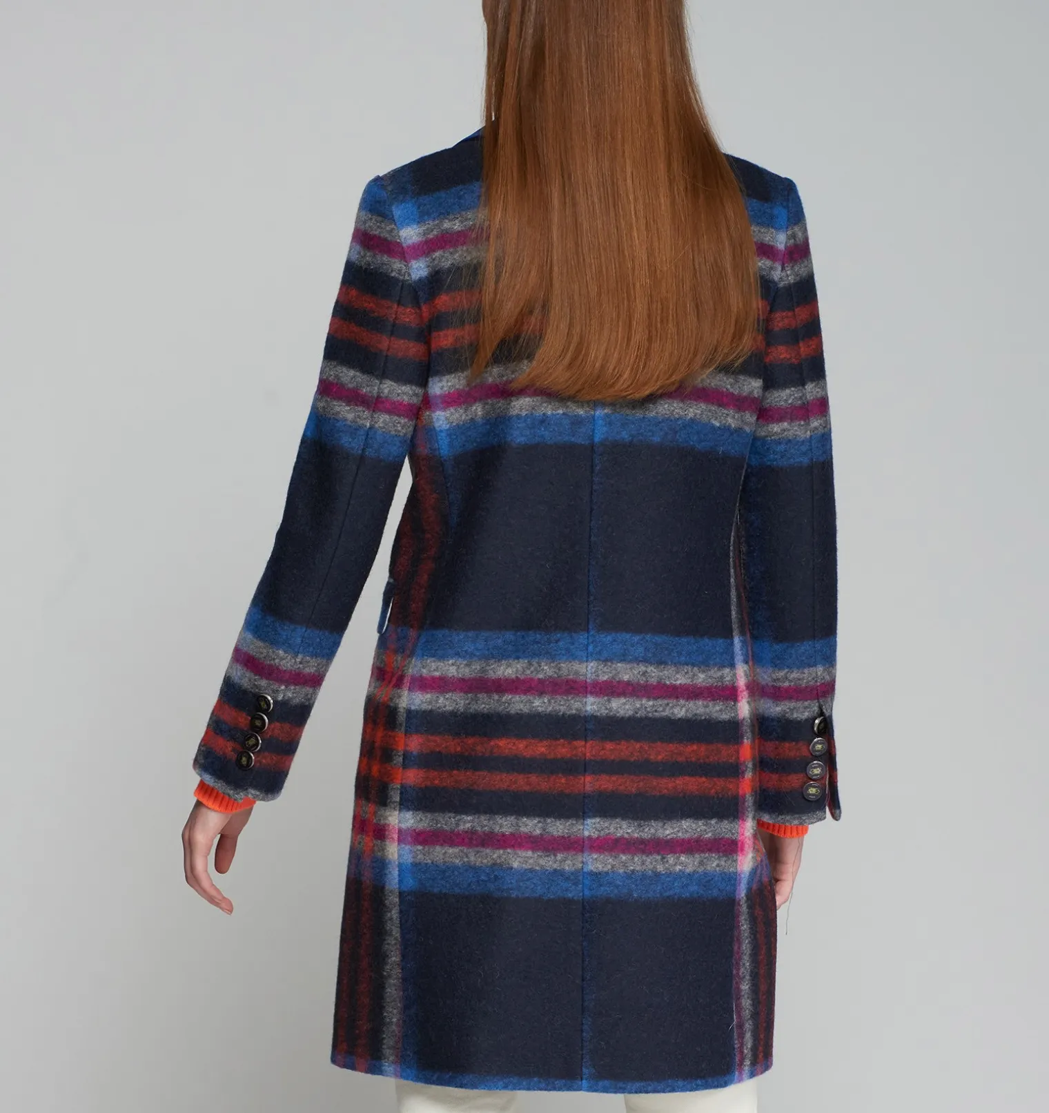 Vilagallo Coat Midi -Navy w/Pink and Orange Check