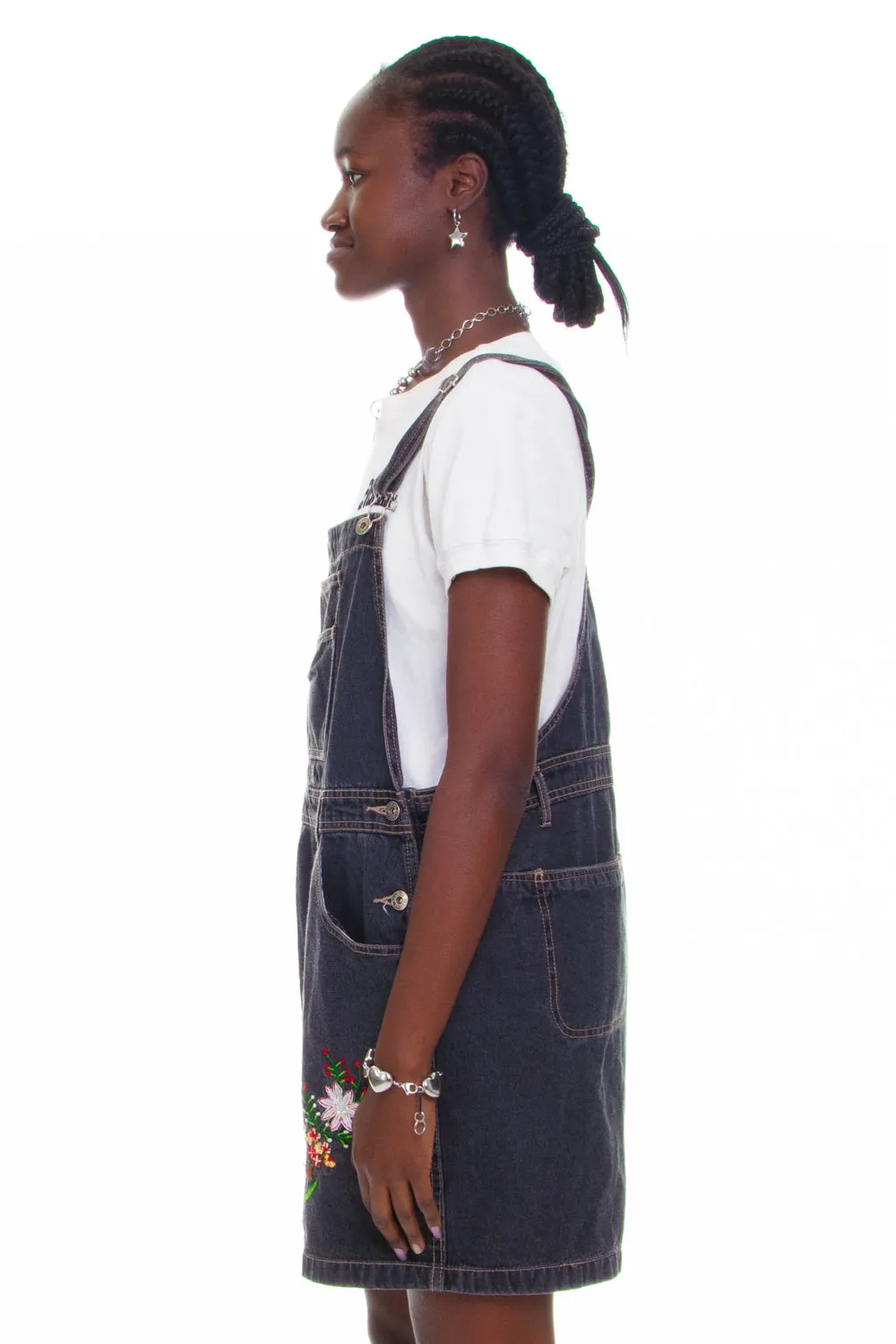 Vintage 90's Flower Charcoal Denim Overalls - OSFM