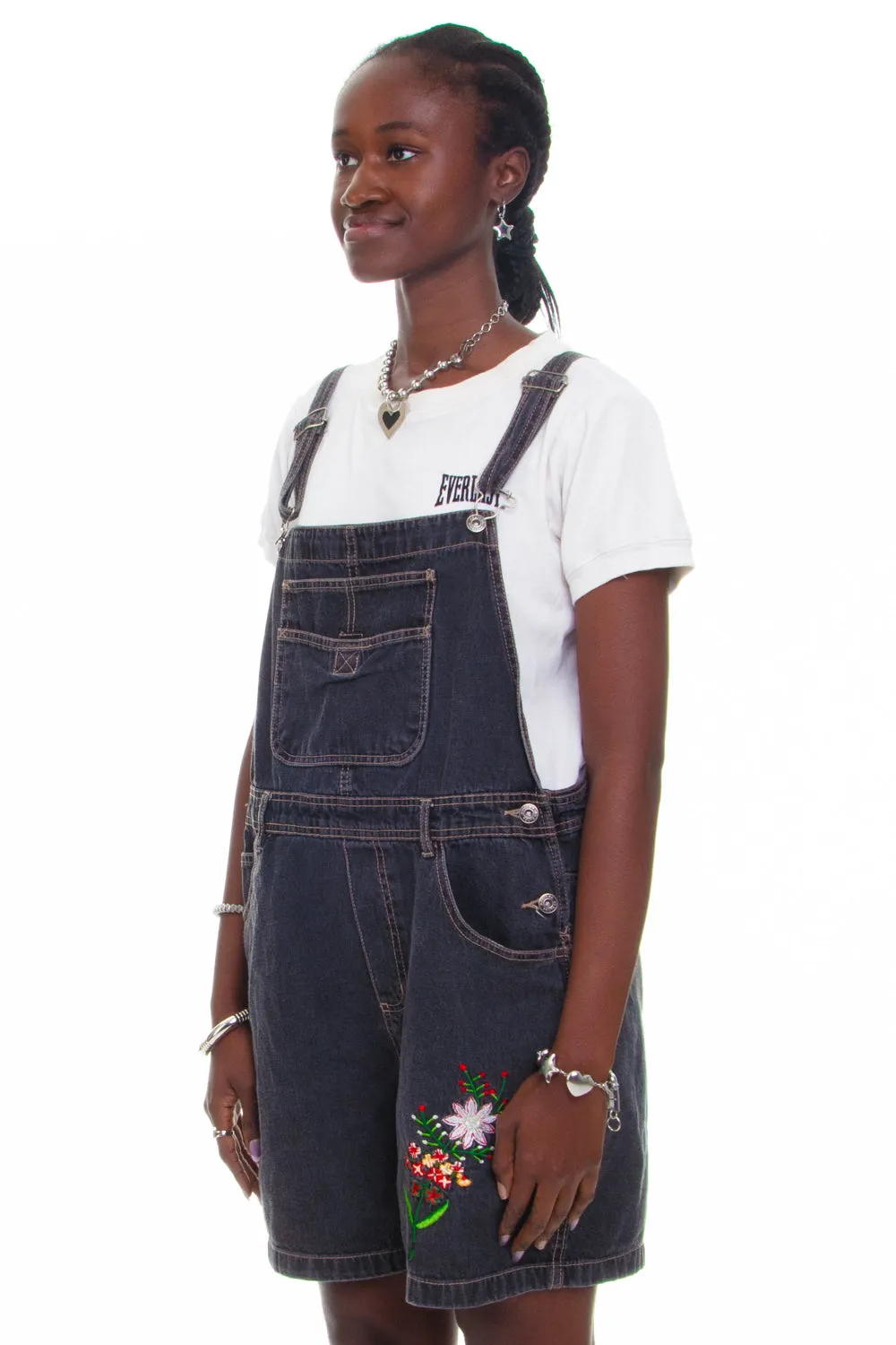 Vintage 90's Flower Charcoal Denim Overalls - OSFM