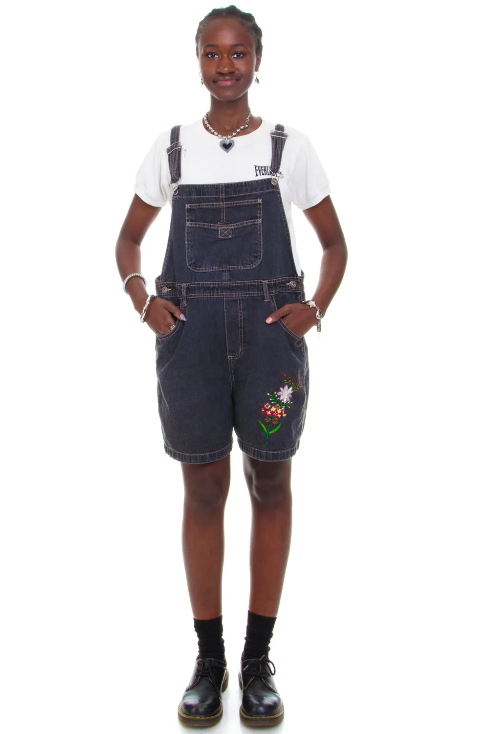 Vintage 90's Flower Charcoal Denim Overalls - OSFM