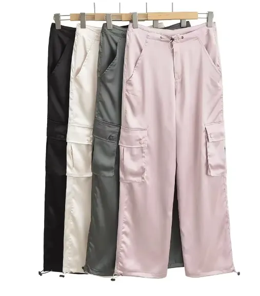 Wide Leg Satin Cargo Pants