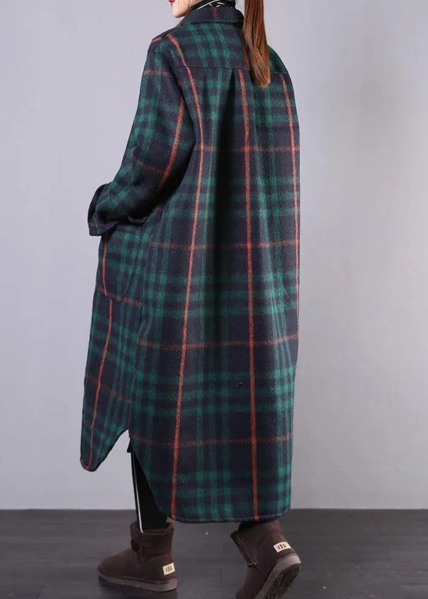 women green plaid wool overcoat plus size clothing Winter coat lapel pockets coats