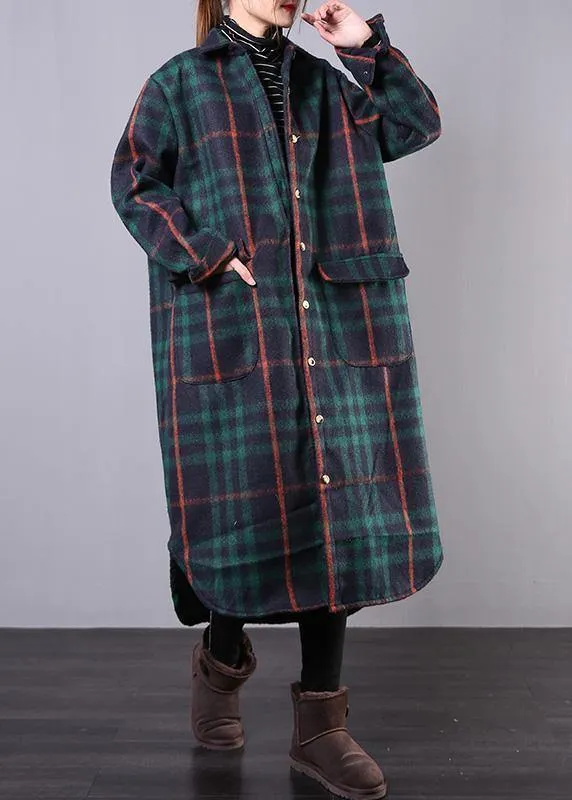 women green plaid wool overcoat plus size clothing Winter coat lapel pockets coats