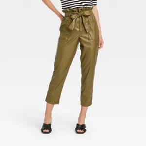 Women's  Ankle Length Paper Bag Trousers- Who What Wear Green 2