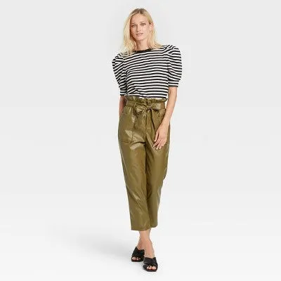 Women's  Ankle Length Paper Bag Trousers- Who What Wear Green 2