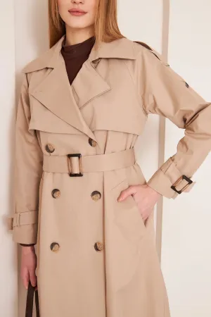 Women's Long Trench Coat with Double Collar Detail - Beige - SCB-W12394