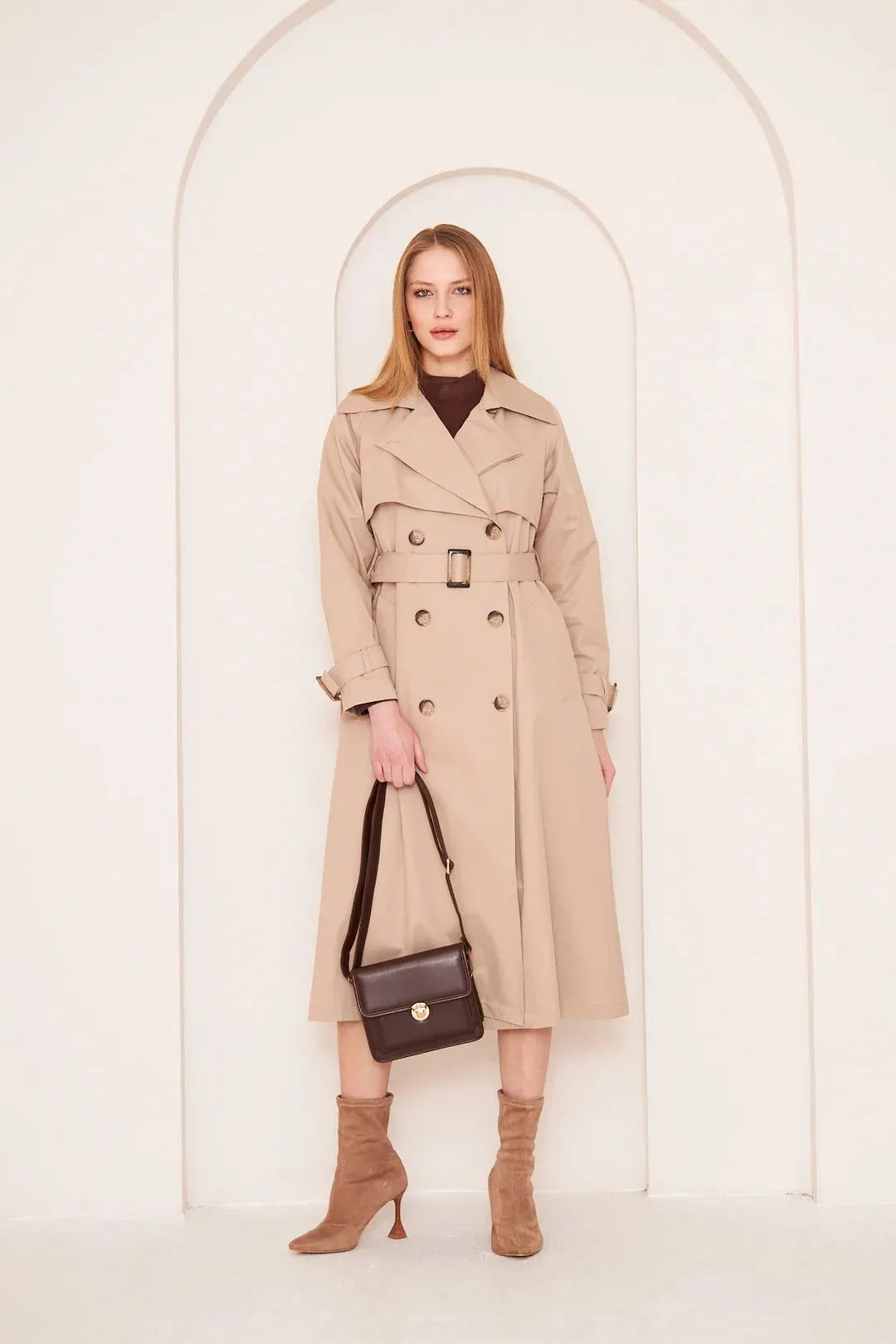 Women's Long Trench Coat with Double Collar Detail - Beige - SCB-W12394