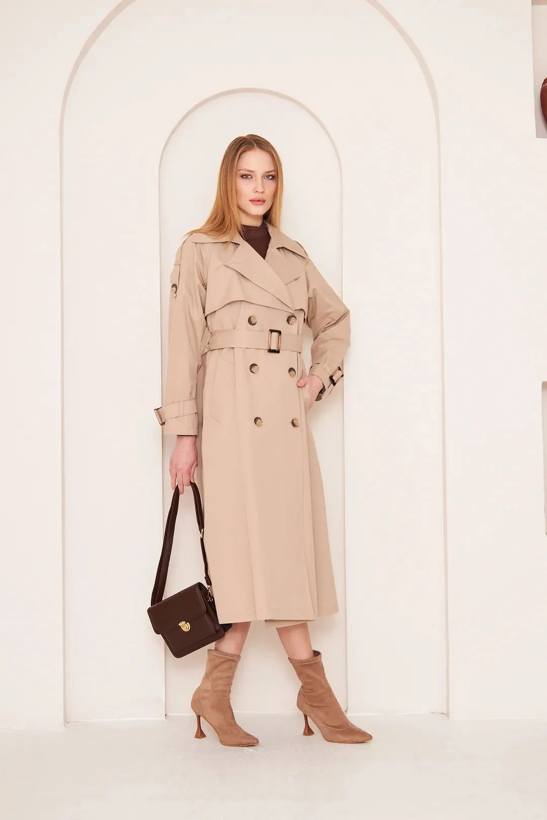 Women's Long Trench Coat with Double Collar Detail - Beige - SCB-W12394