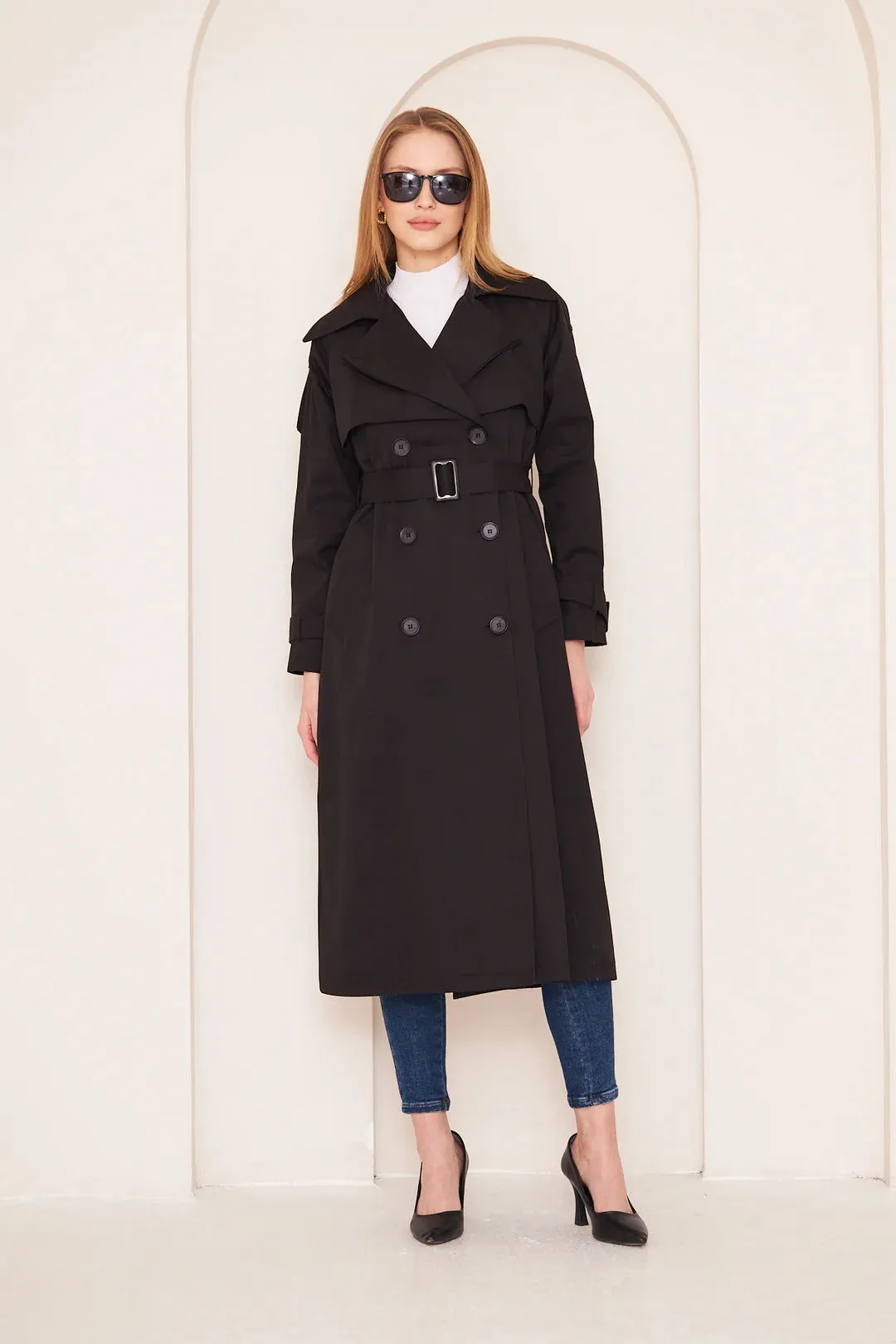 Women's Long Trench Coat with Double Collar Detail - Black - SCB-W12395