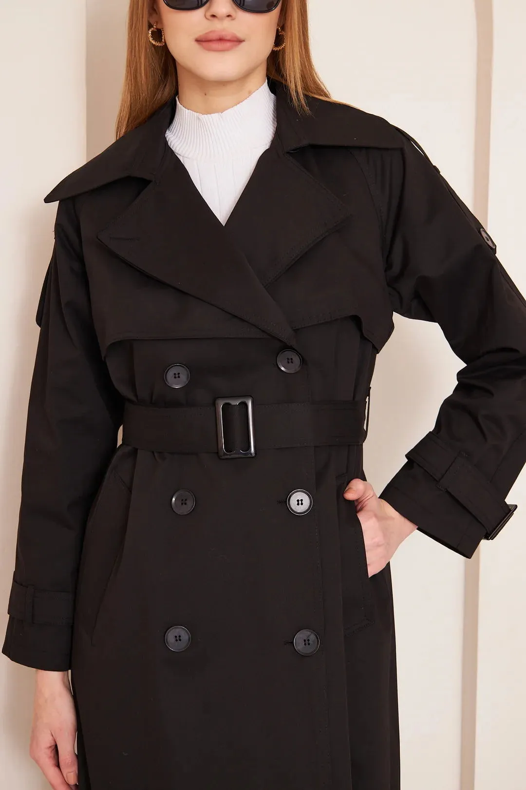 Women's Long Trench Coat with Double Collar Detail - Black - SCB-W12395