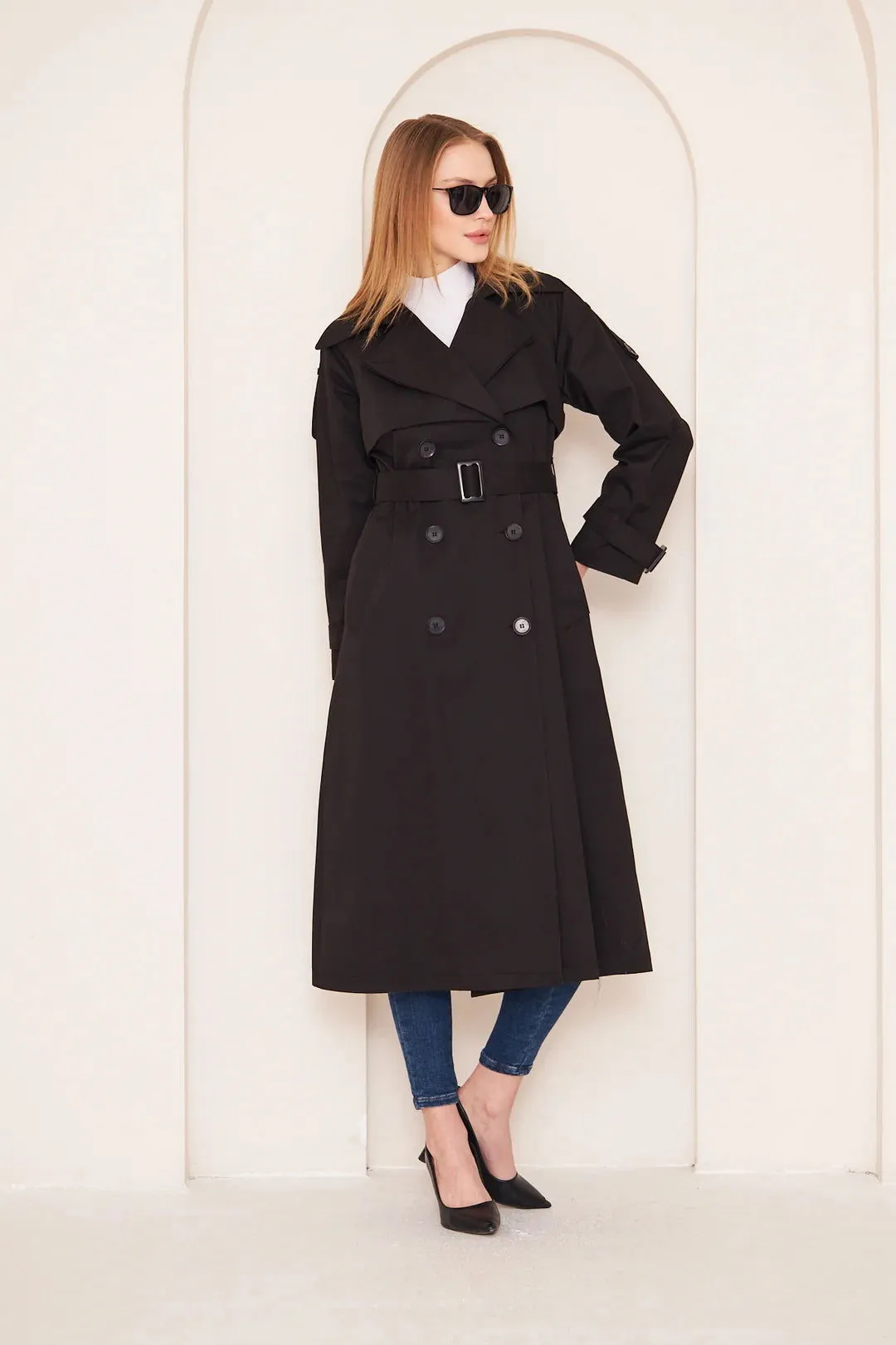 Women's Long Trench Coat with Double Collar Detail - Black - SCB-W12395